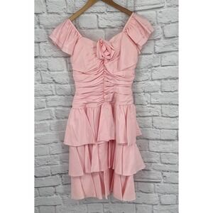 Vintage Nadine Pink Ruffle Mini Dress Rosette Off Shoulder Coquette Balletcore